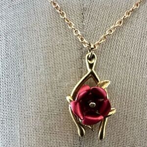 Vintage Gold-Tone Wishbone Red Rose Pendant Necklace